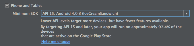 Figure 2: The second screen of Android Studios Create New Project wizard lets you select your apps form factors and minimum Android API level.