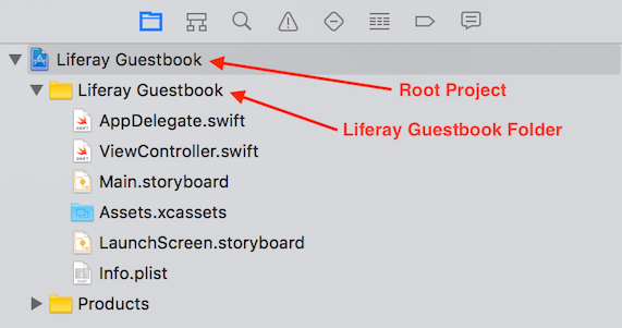 Figure 1: The root project and Liferay Guestbook folder are labeled in this screenshot.