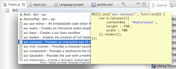 Figure 3: Developer Studio gives you access to AUI code templates in the JS and JSP editors.