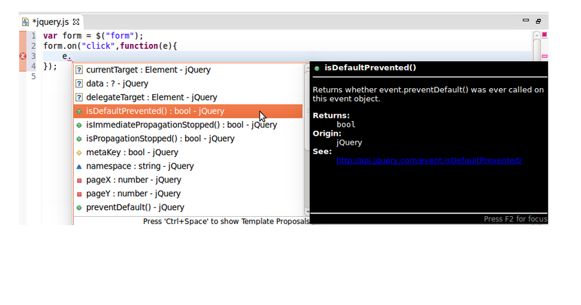 Figure 7: jQuery code assist also displays type information for parameters.