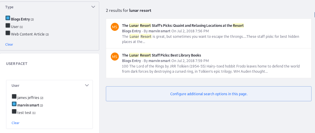 Figure 5: Facet terms selected from different facets are exclusive. These results must be of type Blogs Entry AND be from the User Marvin Smart.