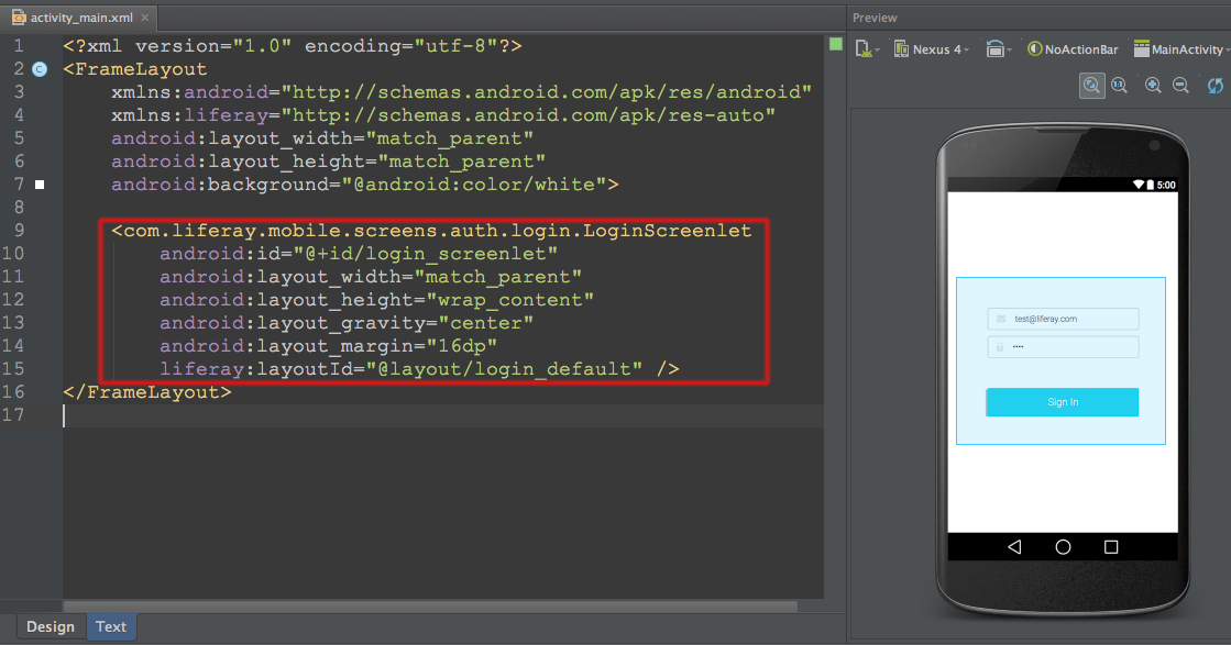 Figure 1: Heres the Login Screenlet in an activitys layout in Android Studio.