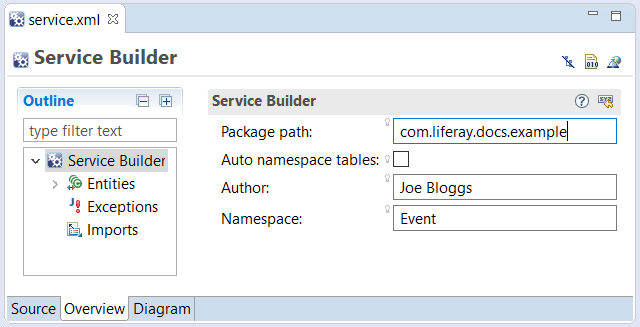 Figure 1: The Overview mode in the editor provides a nested outline which you can expand, a form for editing basic Service Builder attributes, and buttons for building services or building web service deployment descriptors.