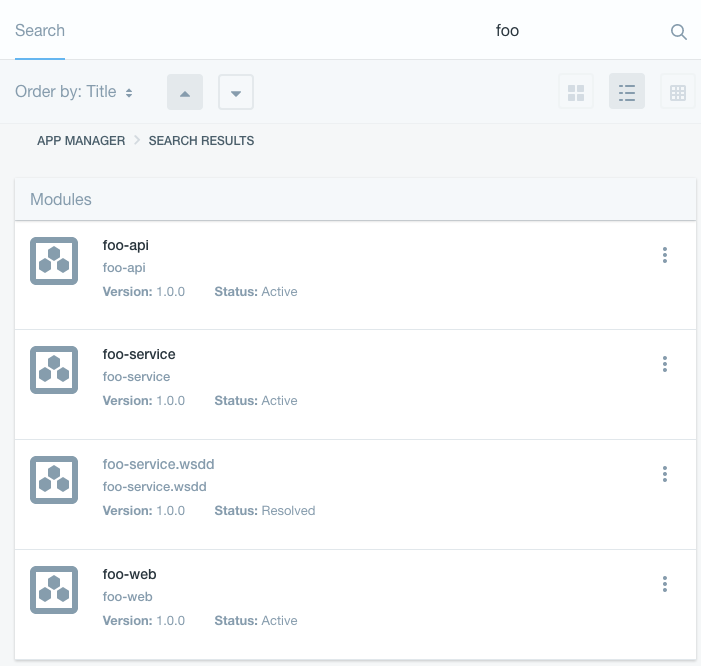 Figure 1: To find your apps modules, including its WSDD module, search for your app in the App Manager. The *-service modules name in the App Manager is also the modules context.