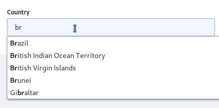 Figure 2: When typing in a field with autocomplete, users are presented a list of selections from the configured data provider. The displayed results are filtered to include only selections containing the text entered by the user.