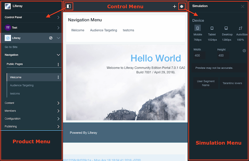 Figure 1: The Control Menu, Product Menu, and Simulation Panel are packaged as Theme Contributor modules.