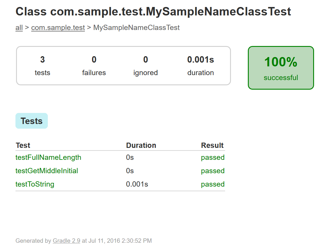 Figure 4: In Gradle environments, JUnit produces an HTML file named index.html that reports test result details.