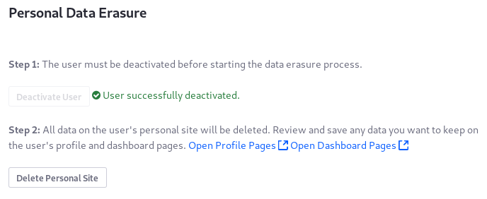 Figure 3: The second step in personal data erasure is deleting the User personal Site.