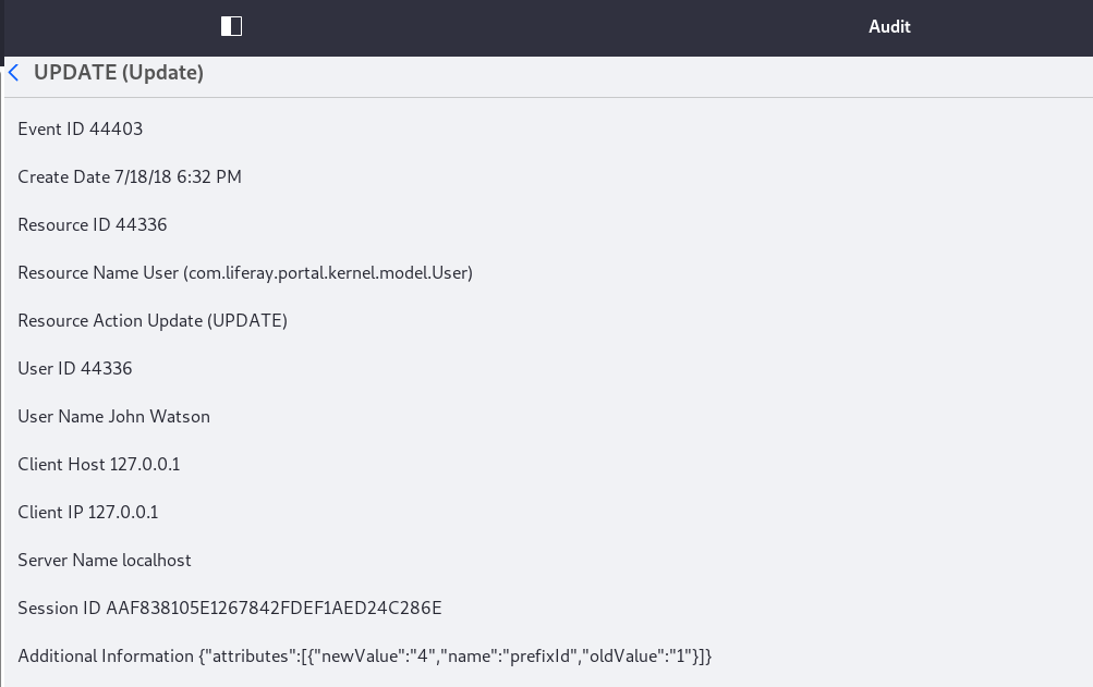 Figure 2: Click an event in the list to show its details. The details for this event show that John Watson updated his user accounts prefixId from 1 to 4. The prefixId represents a name prefix like Dr., Mr., Mrs., or Ms.