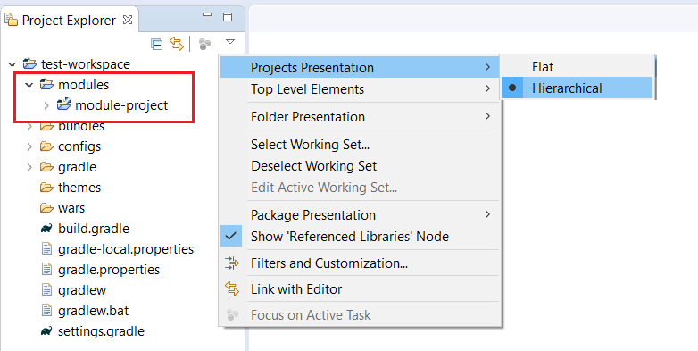 Figure 3: The Hierarchical project presentation mode is set, by default.