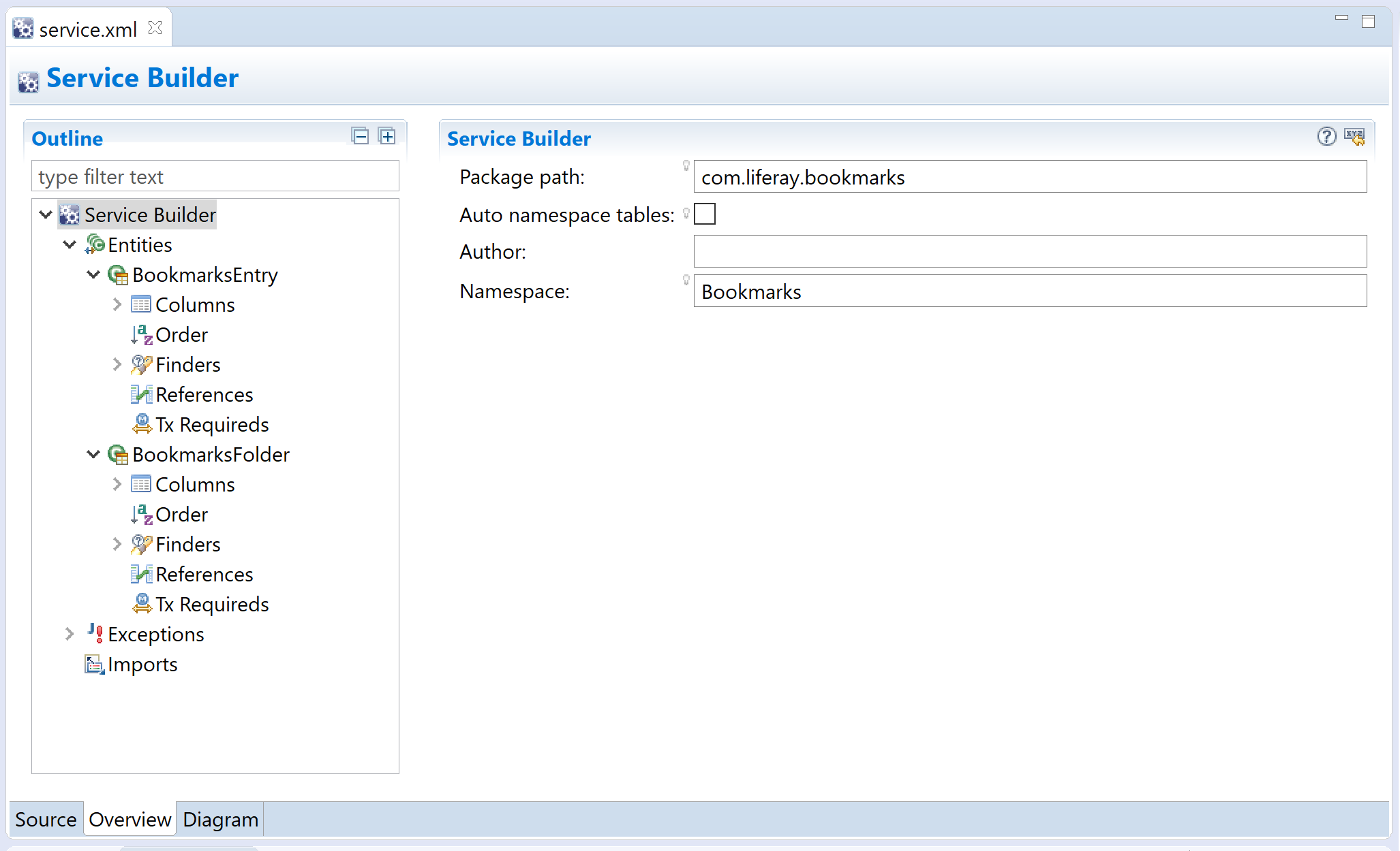 Figure 1: This is the Service Builder form from the Bookmarks applications service.xml.