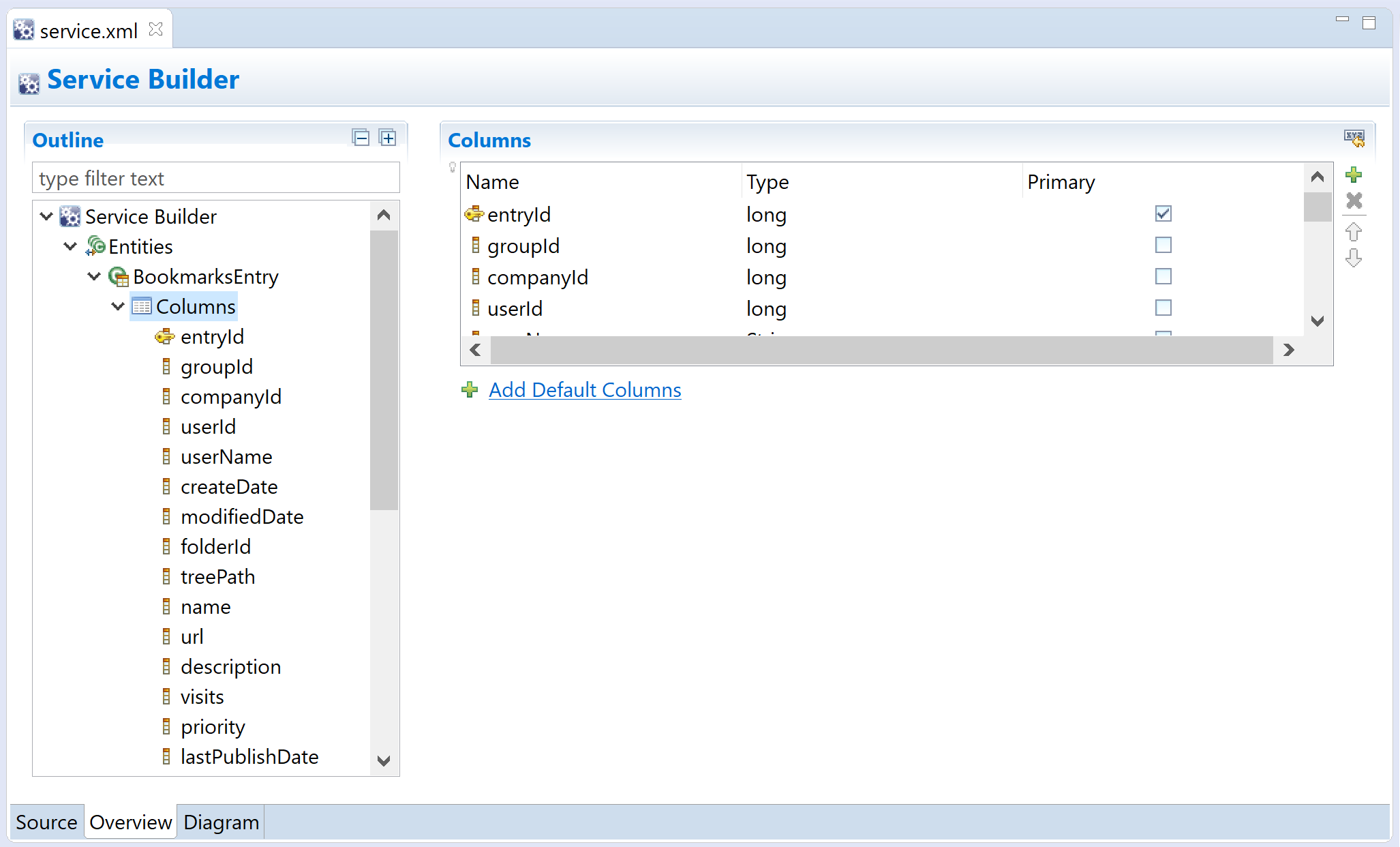 Figure 1: Liferay Dev Studio DXP facilitates defining table columns for entities.