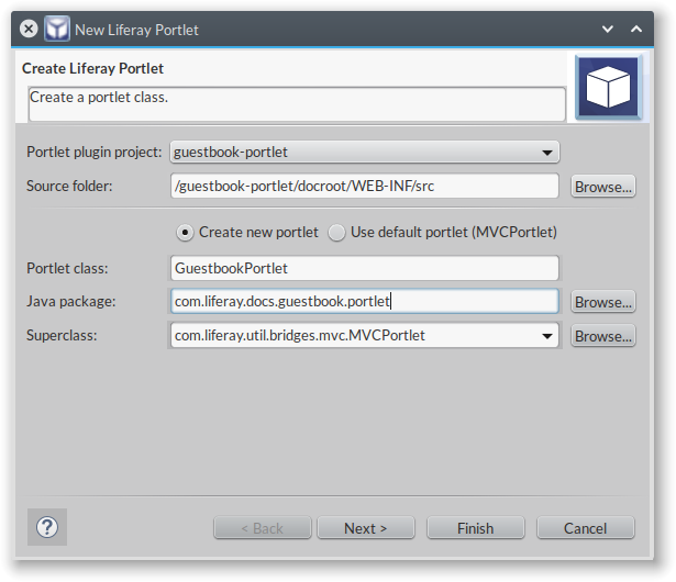Figure 3: The New Portlet wizard can be used at any time to create portlets in projects.