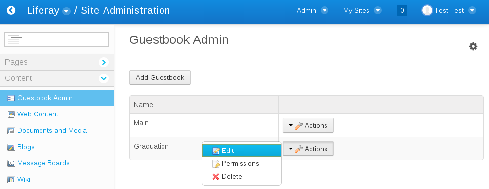 Figure 1: The Guestbook Admin portlet allows administrators to add new guestbooks or to edit existing guestbooks, configure their permissions, or delete them.