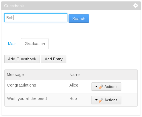 Figure 1: Youll add a search bar to the Guestbook portlet so that users can search for guestbook entries. If a guestbook entrys message or name matches the search query, its displayed in the search results.