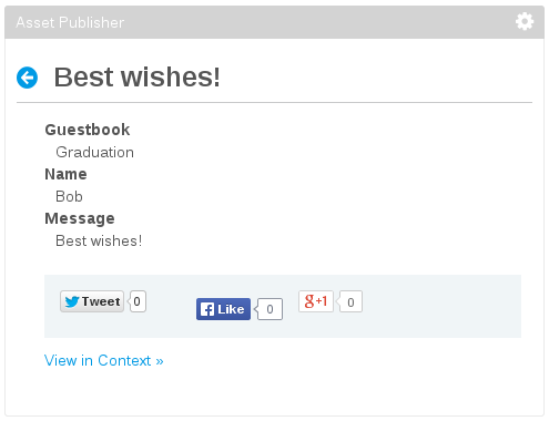 Figure 1: When you click on the Read More link for a guestbook or guestbook entry thats displayed by the Asset Publisher, your full_content.jsp should be displayed.