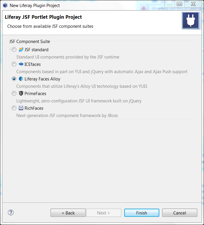 Figure 2: The list of component suites includes the JSF Standard suite, ICEfaces, Liferay Faces Alloy, PrimeFaces, and RichFaces.