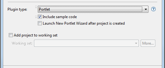Figure 5: When Portlet is selected from the selector, options for including sample code and launching a New Portlet Wizard appear.