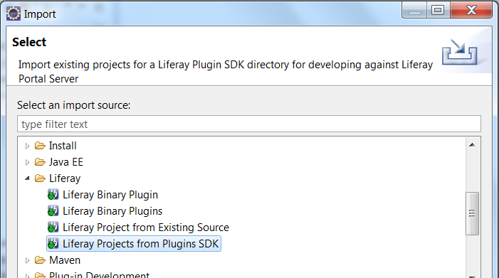 Figure 2.13: To import projects from a Plugins SDK, choose Liferay Projects from Plugins SDK from the Import menu.