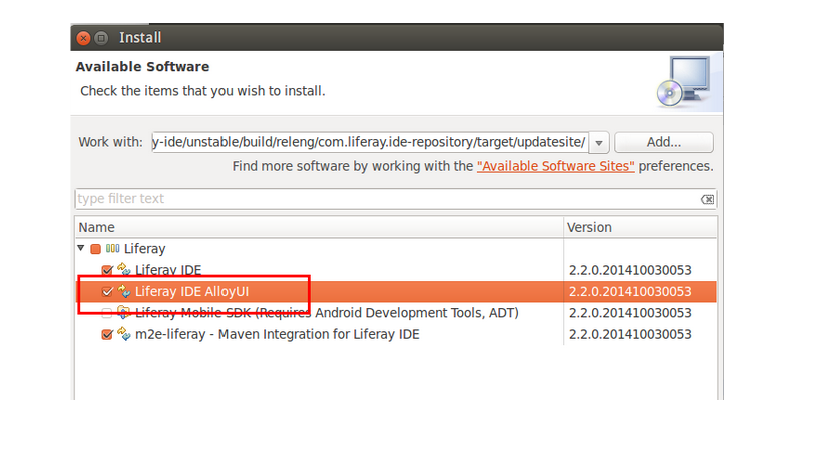 Figure 1: The Liferay IDE AlloyUI option is actually a sub-option listed within the Liferay IDE option.