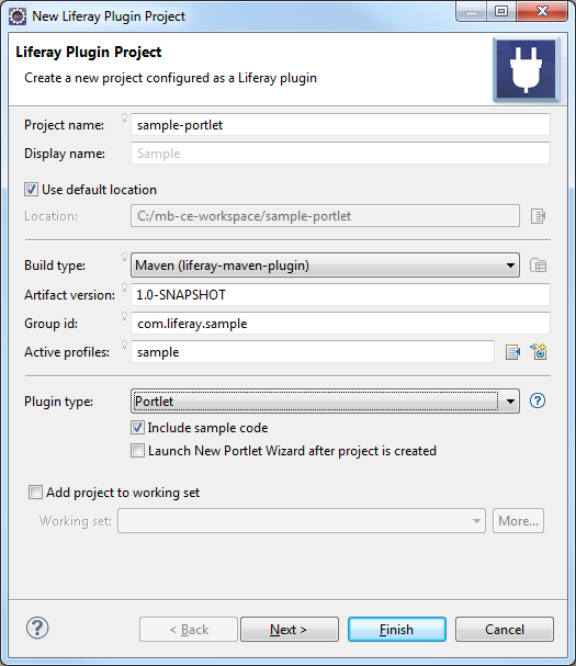 Figure 1: You can build a Liferay Plugin Project using Maven by completing the setup wizard.