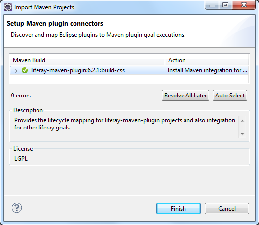Figure 4: Click Finish to launch the installer for Maven integration in Liferay IDE.