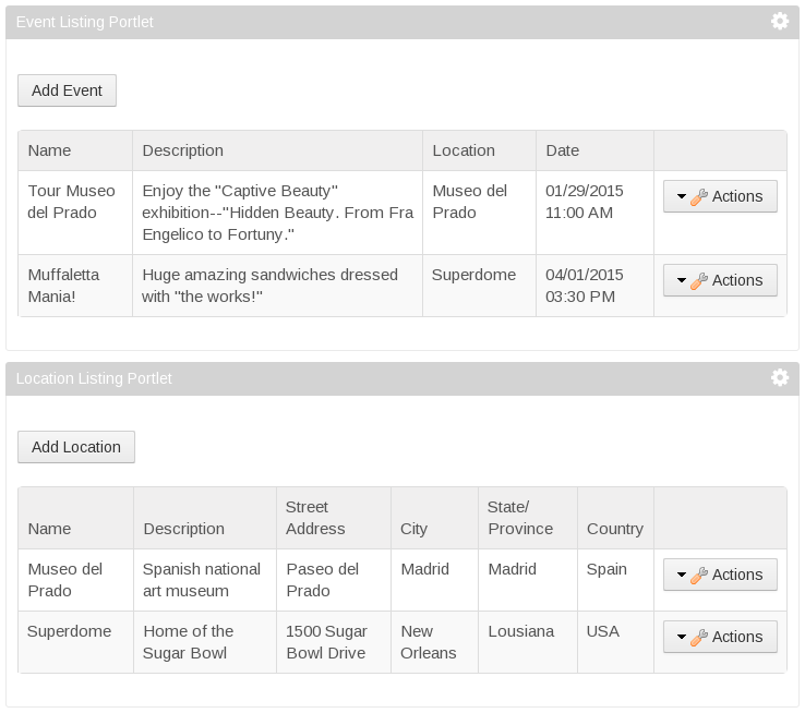 Figure 1: The Event Listing and Location Listing portlets let you add and modify social events and locations. The portlets rely on the event and location entities and the service infrastructure that Liferay Service Builder builds around them.