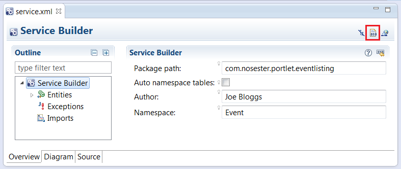Figure 1: The Overview mode in the editor provides a nested outline which you can expand, a form for editing basic Service Builder attributes, and buttons for building services or building web service deployment descriptors.