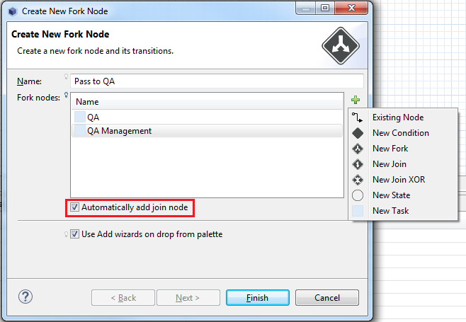 Figure 4: You can select what to fork and whether to automatically create a join node.