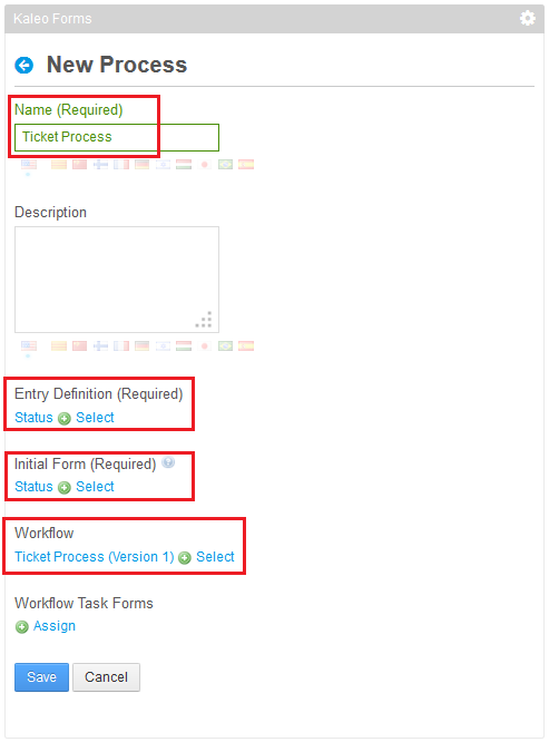 Figure 2: To test the ticket process workflow, create a new Kaleo Forms Processprovide a name, entry definition, and workflow.