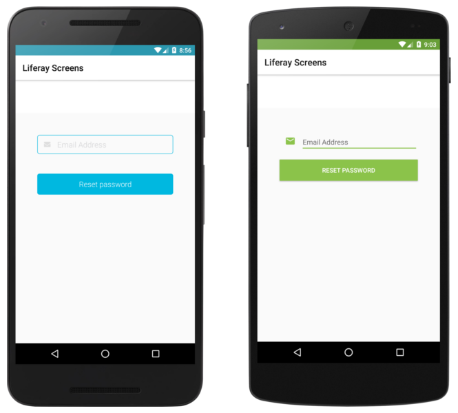 The Forgot Password Screenlet with the Default (left) and Material (right) Viewsets.