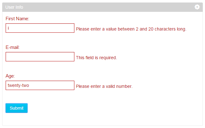 Figure 1: AlloyUIs FormValidator shows applicable default messages for all kinds user input violations.