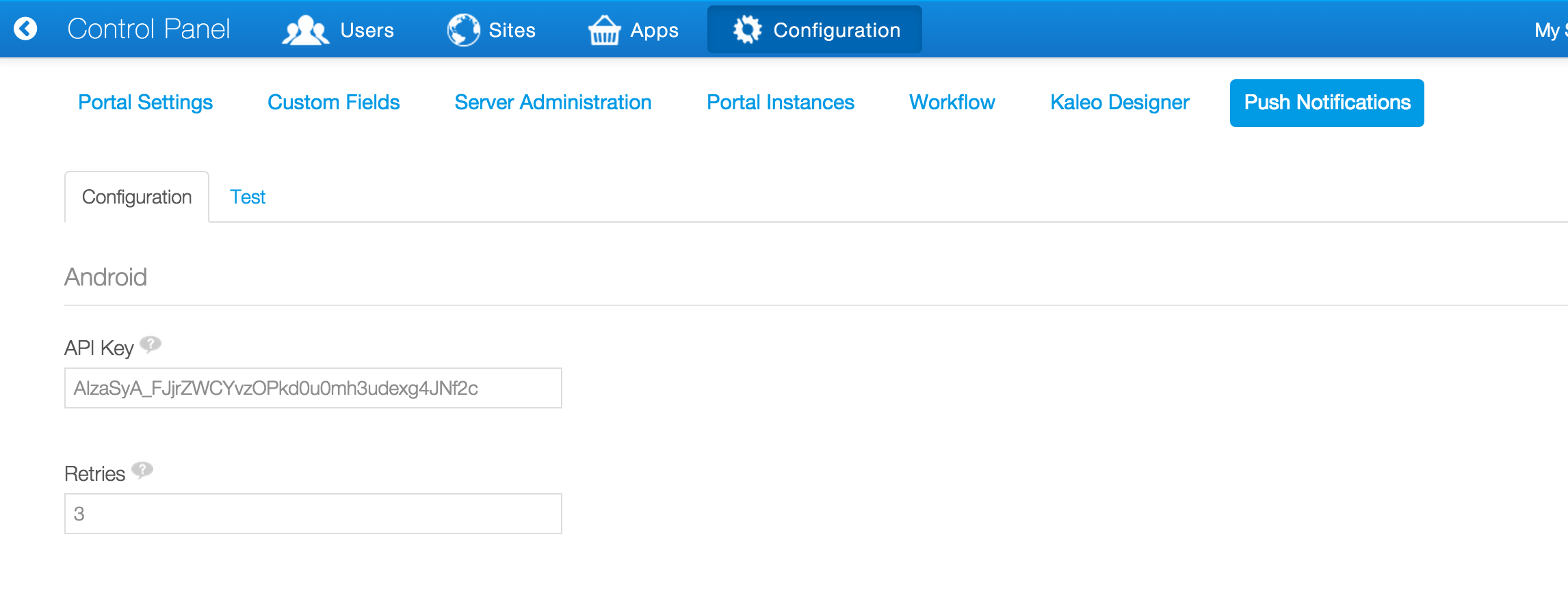 Figure 2: In the portal, you can configure the API Key for the Liferay Push app to send notifications to your Android apps.