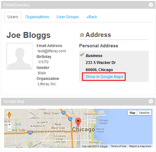 Figure 3: The modified Portal Directory portlet sends the users address to the Google Map gadget to display.