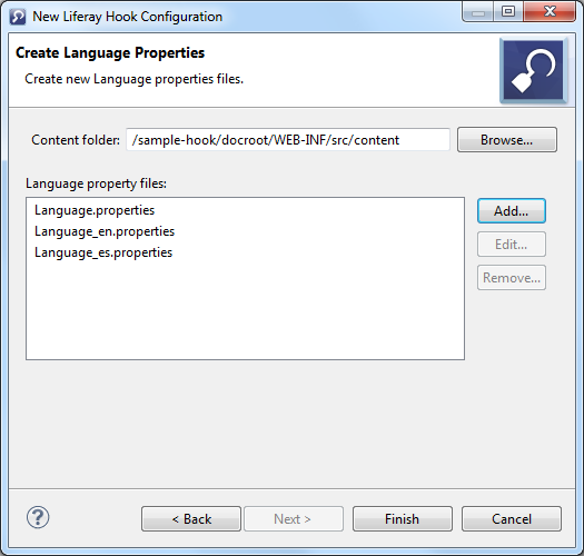 Figure 3: The Liferay Hook Configuration wizard lets you specify any language properties files to customize.