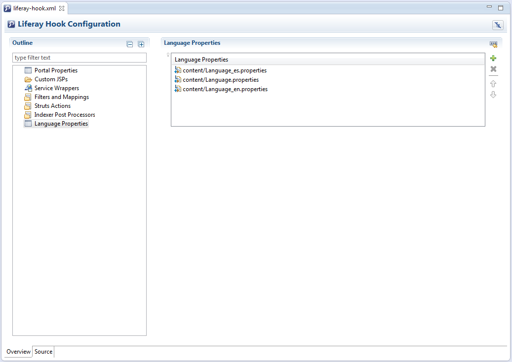 Figure 5: Liferay IDEs Overview mode for editing liferay-hook.xml facilitates specifying custom language files.