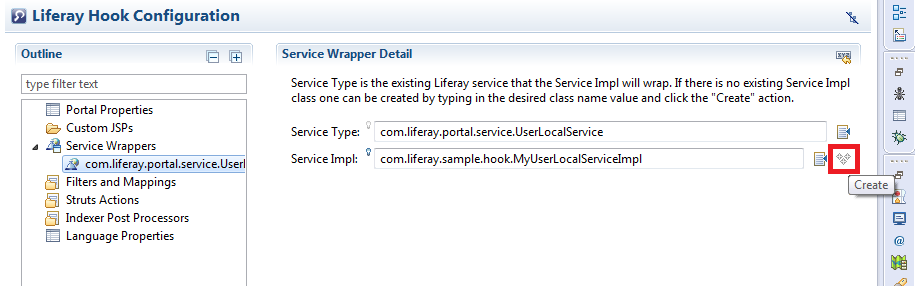 Figure 2: Creating wrapper extensions is easy. You enter the name of your service implementation class and click the Create icon to create it for overriding the service.