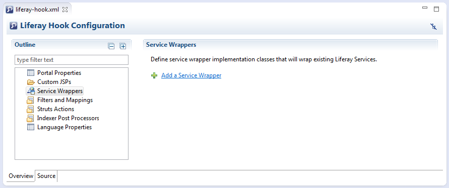 Figure 1: Liferay IDEs Hook Configuration editor comes with custom service wrapper creation and editing capabilities.