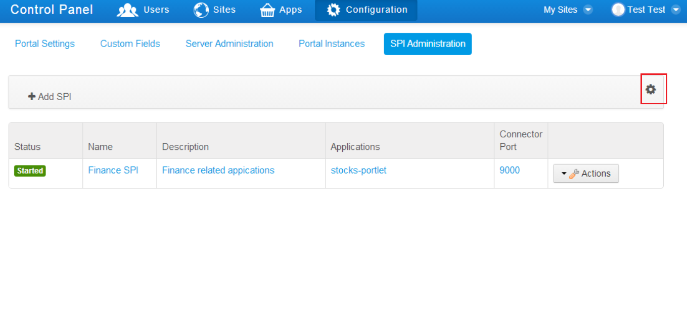 Figure 2.14: Click on the global settings gear icon, in the upper right corner of the SPI Administration console, to set default configuration options for all of the portals SPIs.