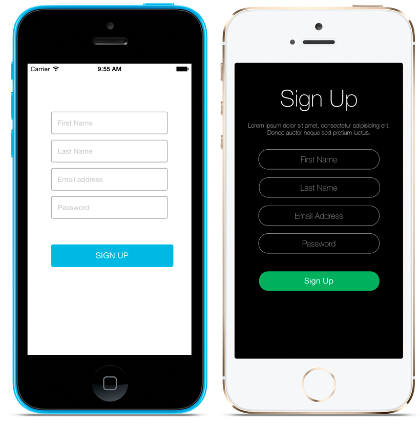 The Sign Up Screenlet with the Default (left) and Flat7 (right) Themes.