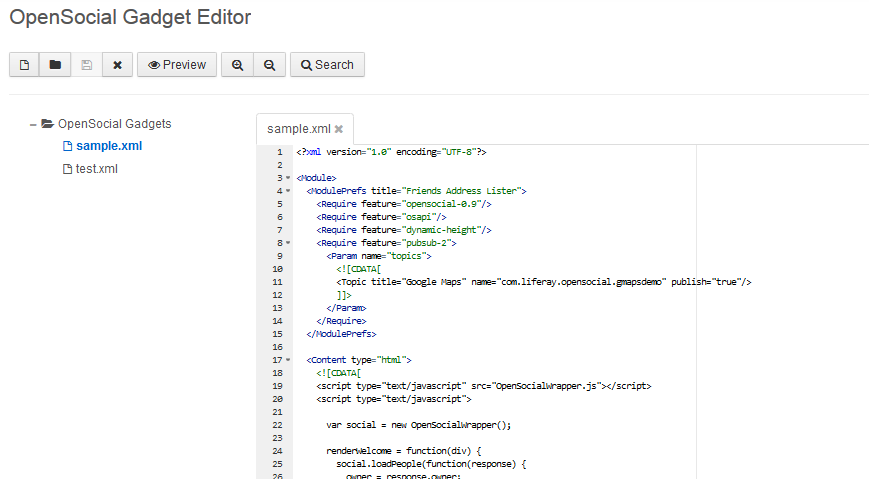 Figure 1.9: Liferay Portals OpenSocial gadget editor lets you rapidly create social applications that can be served across the web to any other OpenSocial container.
