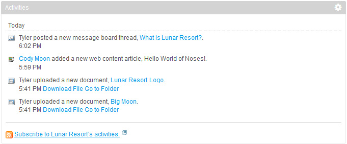 Figure 1.8: Liferay Portal provides feeds of social activities. These feeds can contain entries from any of Liferays built-in applications or applications that you write.