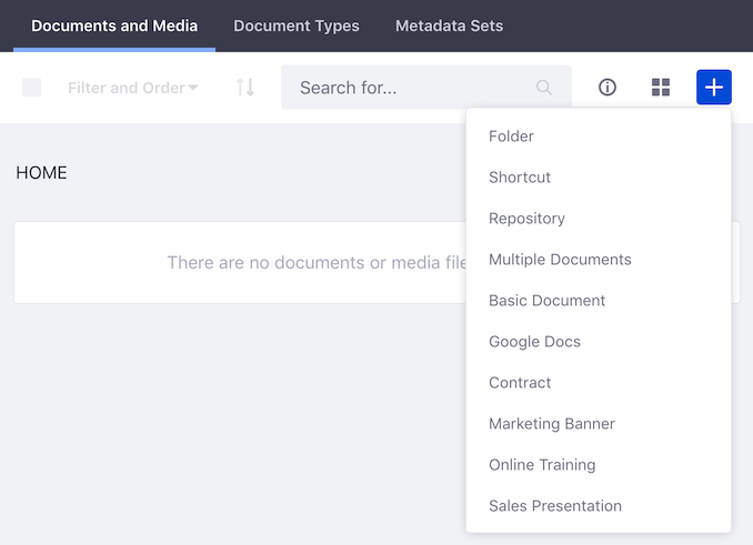 Figure 2: The Documents and Medias Home folder starts empty. But the Add menu lets you upload and add all kinds of documents to the library.
