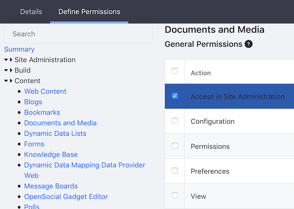Figure 1: Its often helpful to define a role for specific users to access Documents and Media from Site Administration.