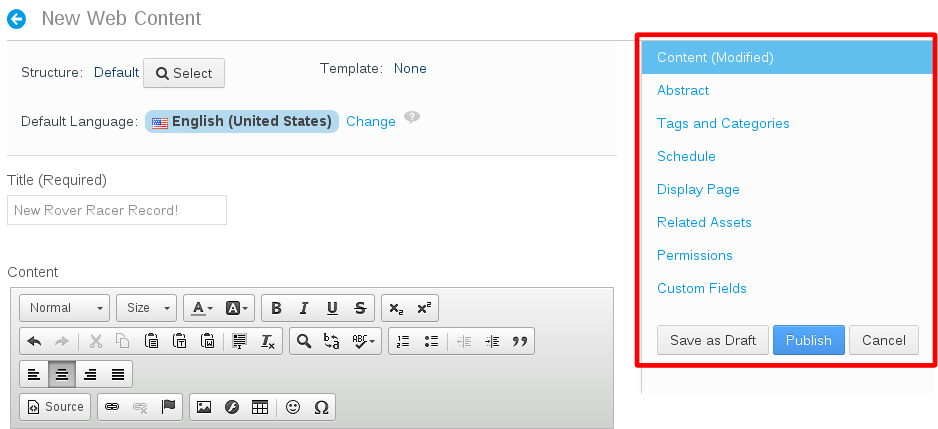 Figure 2.19: New web content can be customized in various ways using the menu on the right.