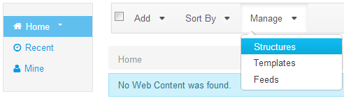 Figure 3.1: You can access the Manage Structures interface by clicking Manage → Structures from the Web Content page.