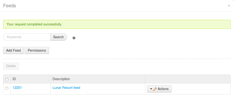 Figure 3.7: Clicking Manage → Feeds from the Control Panels Web Content administration portlet opens a popup window which displays your sites RSS feeds. You can add or edit RSS feeds, configure their permissions, or delete them.