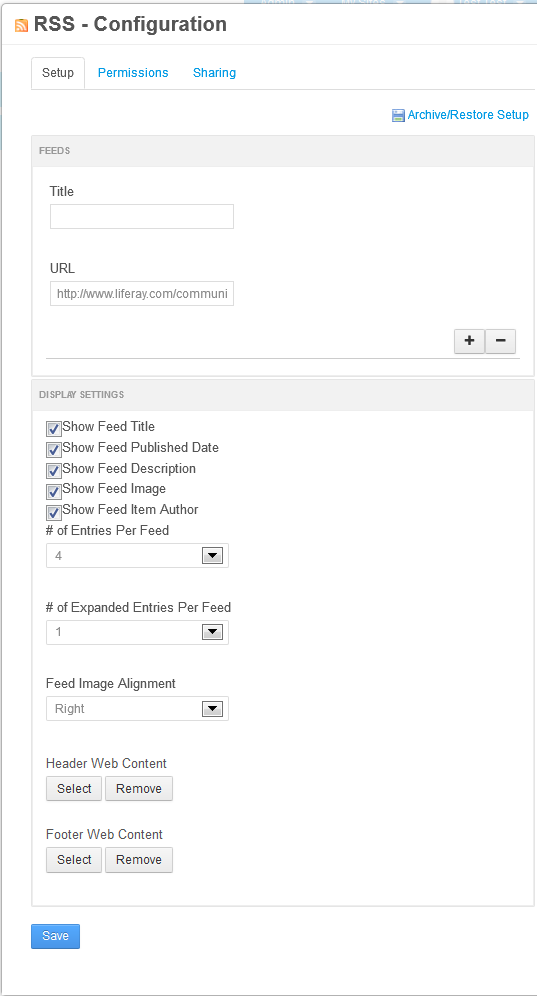 Figure 3.9: The RSS portlets configuration window lets you choose feeds to be displayed and allows you to customize the display settings.