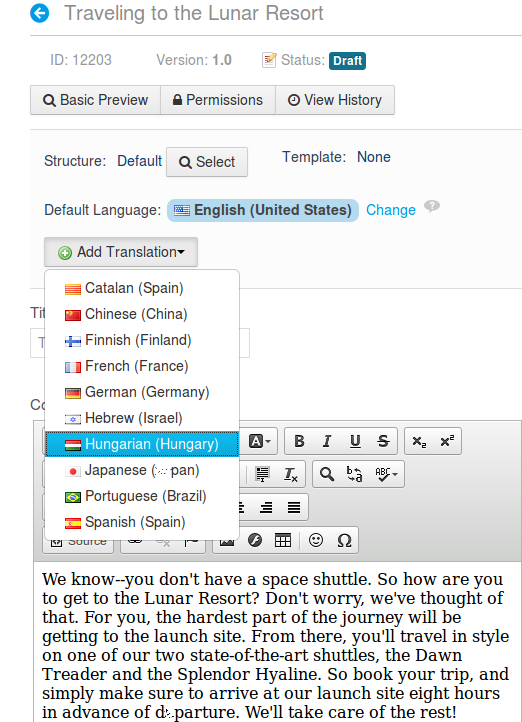 Figure 3.17: You have many translation languages to choose from for your web content.