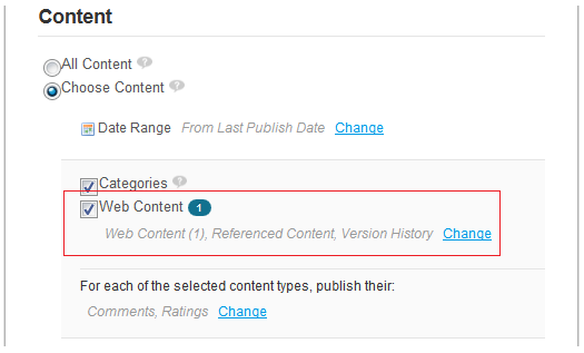 Figure 3.23: Click the Change button and uncheck the version history box to only publish the latest approved version of web content articles that have multiple versions.